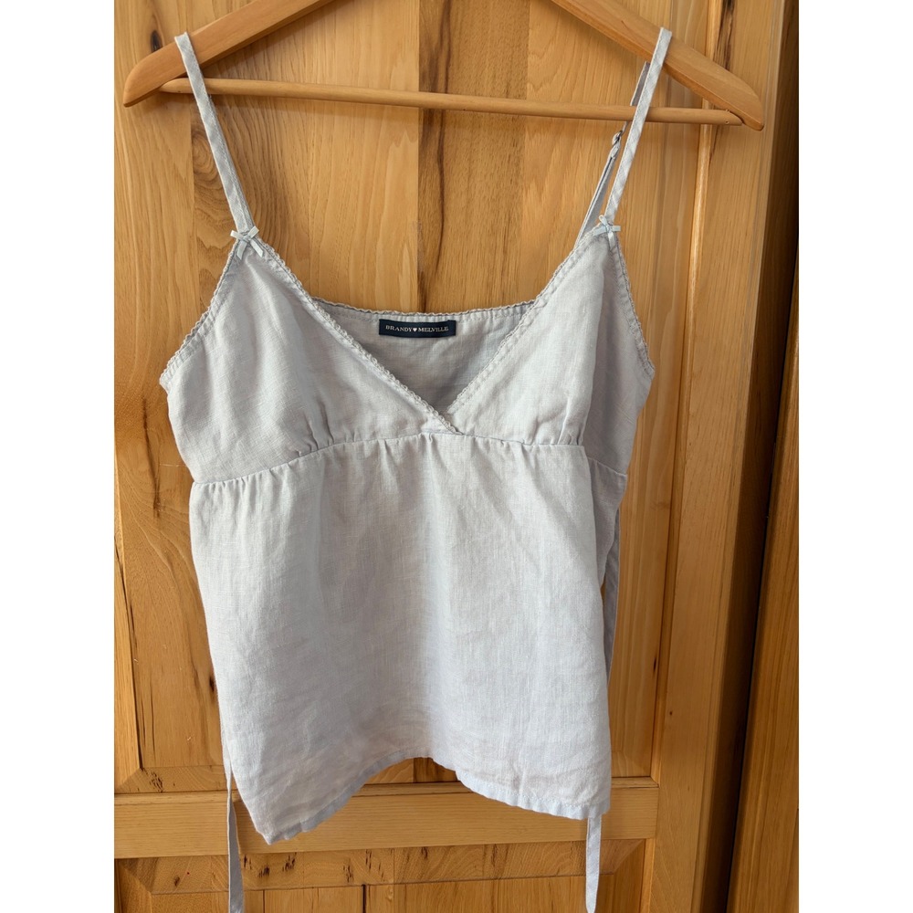 Brandy Melville Light Blue 100% Linen Lace Trim Cami Tie Back Tank MH421B-Z140S
